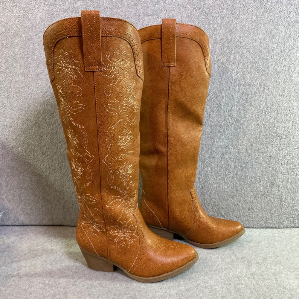 SGR Tall Tan Floral Western Boots Women's Size 6M Brown Embroidered Cowgirl EUC